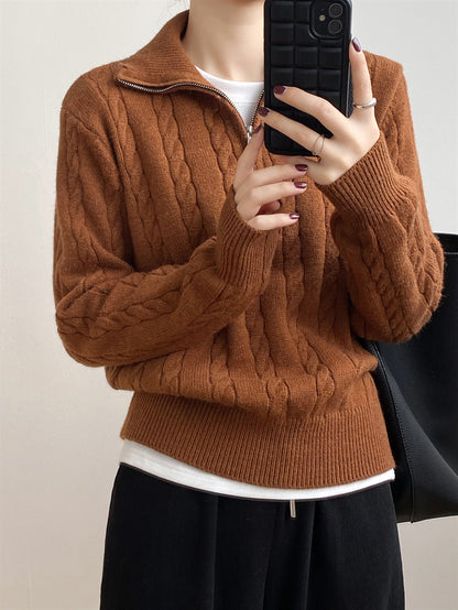 Cable-Knit Half Zip Long Sleeve Sweater - Siennasass