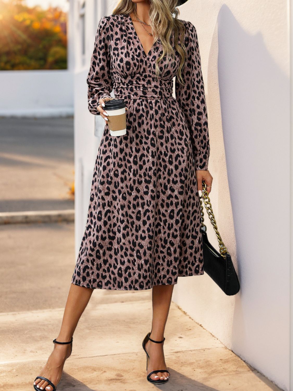 Perfee Leopard Surplice Long Sleeve Midi Dress - Siennasass