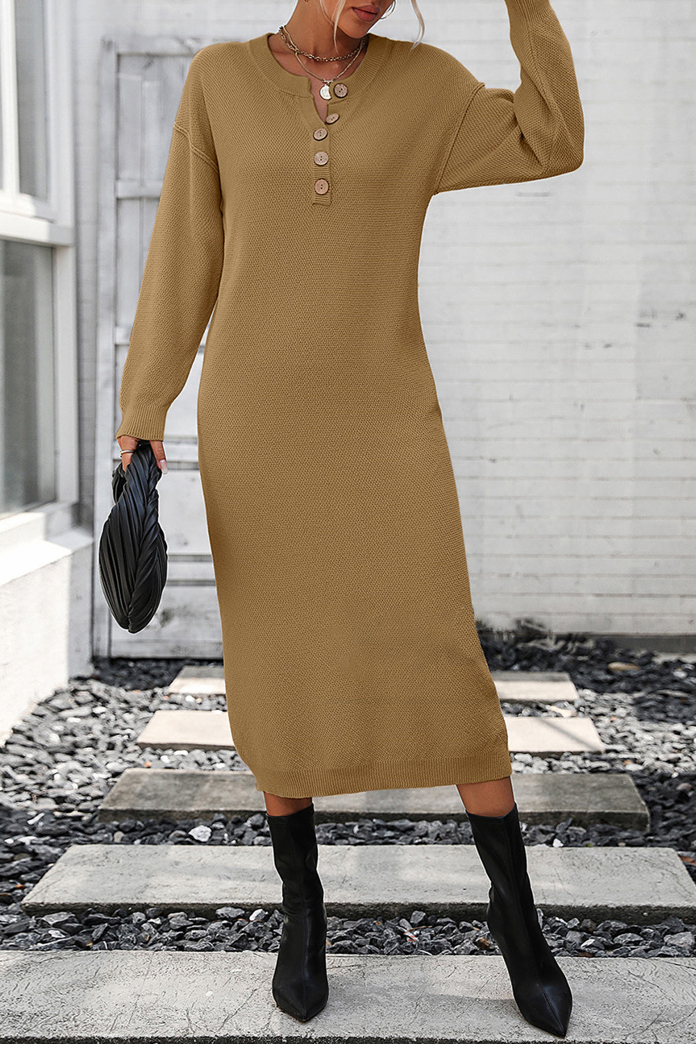 Decorative Button Notched Dropped Shoulder Sweater Dress - Siennasass