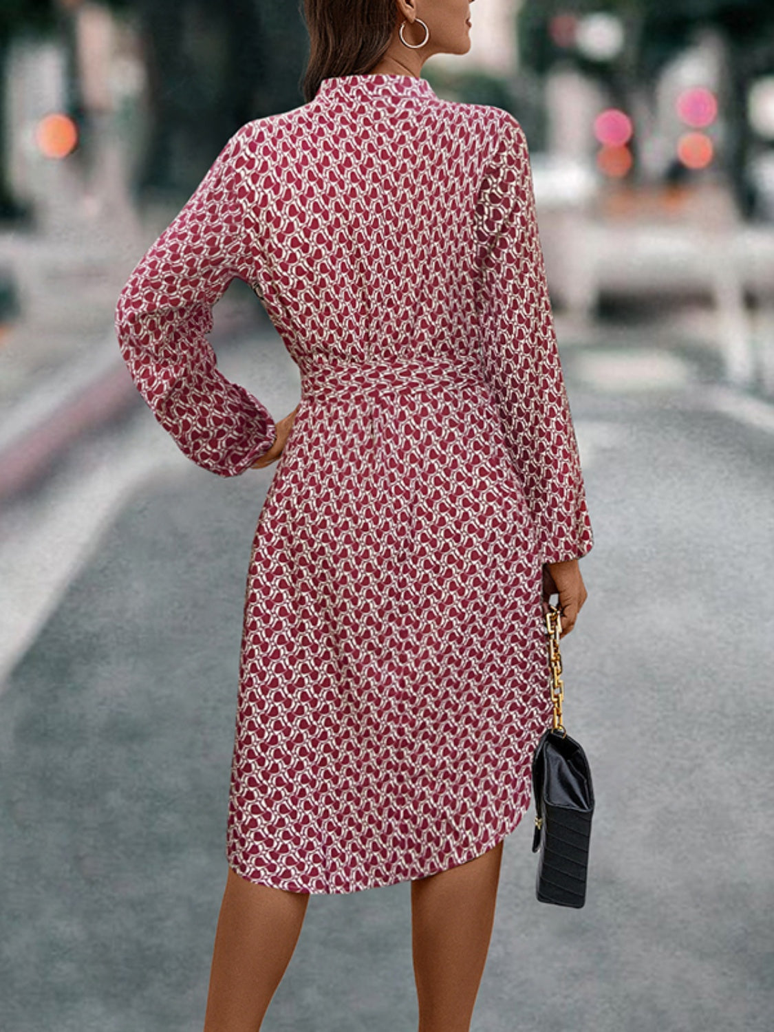 Tied Printed Notched Balloon Sleeve Dress - Siennasass