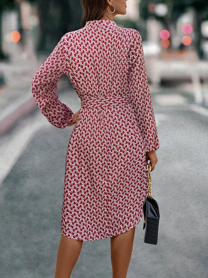 Tied Printed Notched Balloon Sleeve Dress - Siennasass