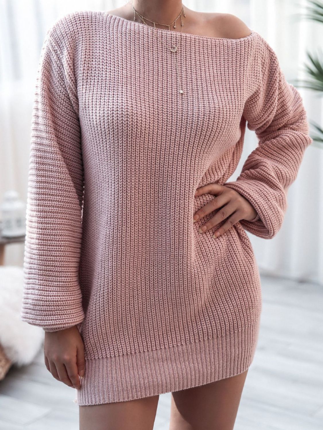 Balloon Sleeve Boat Neck Sweater Mini Dress - Siennasass