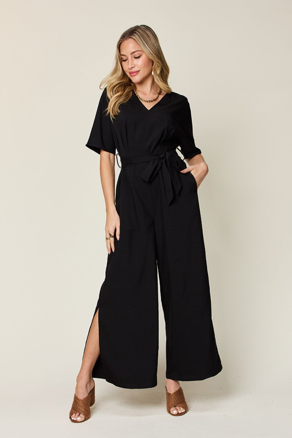 Double Take Full Size V-Neck Tie Front Short Sleeve Slit Jumpsuit - Siennasass