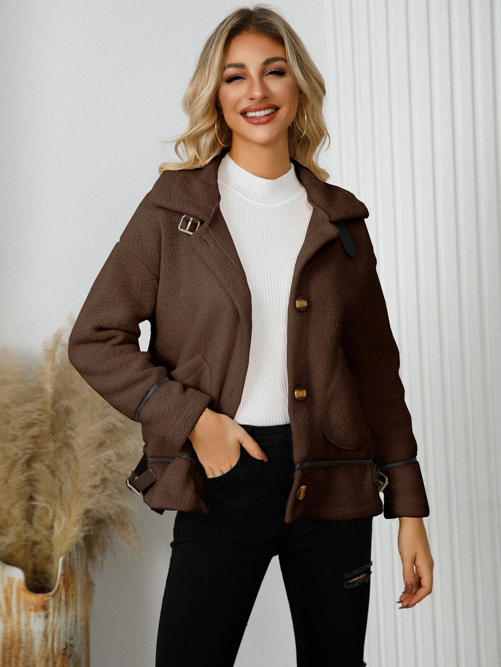 Pocketed Button Down Collared Neck Jacket - Siennasass