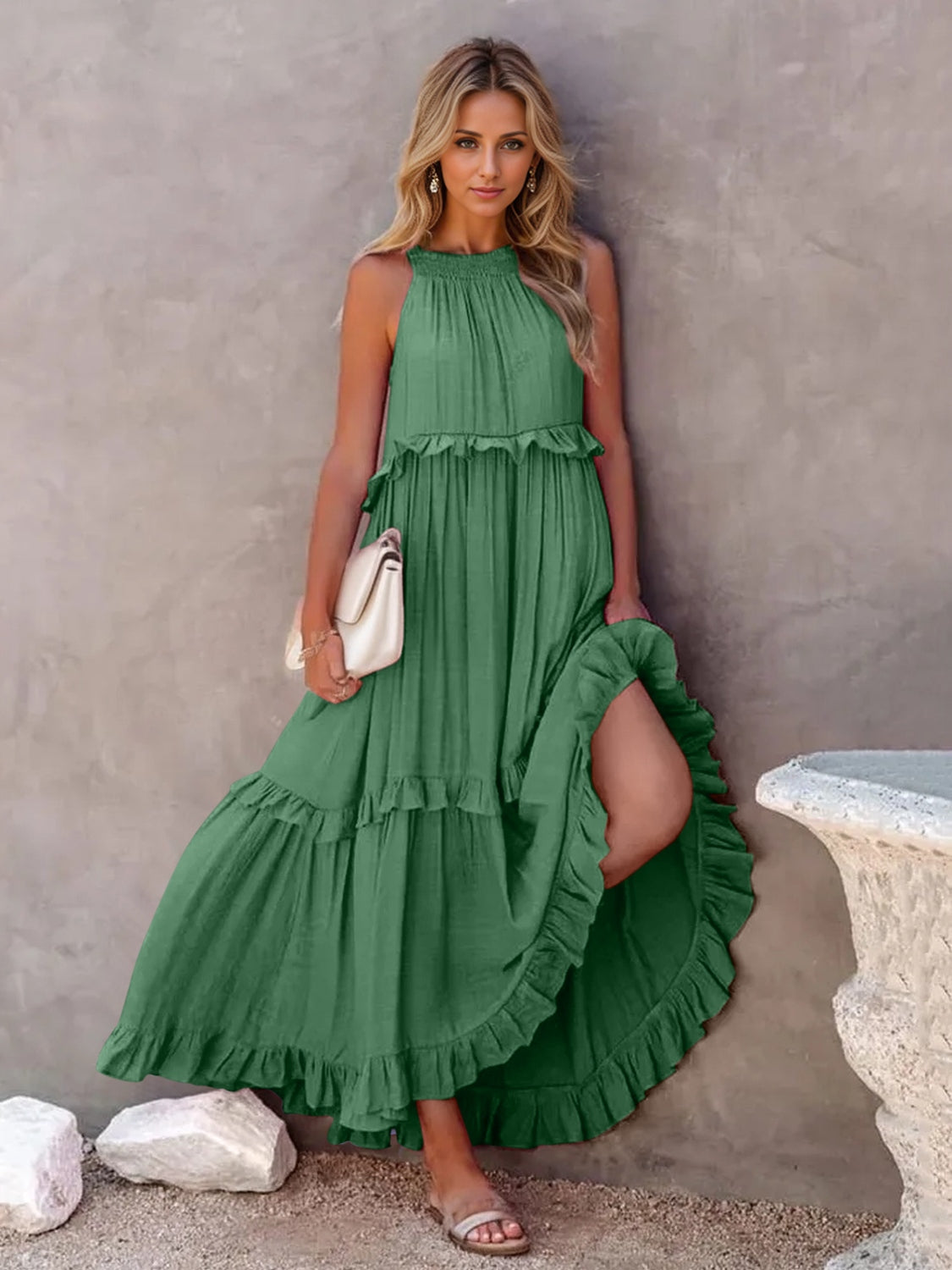 Ruffled Sleeveless Tiered Maxi Dress with Pockets - Siennasass