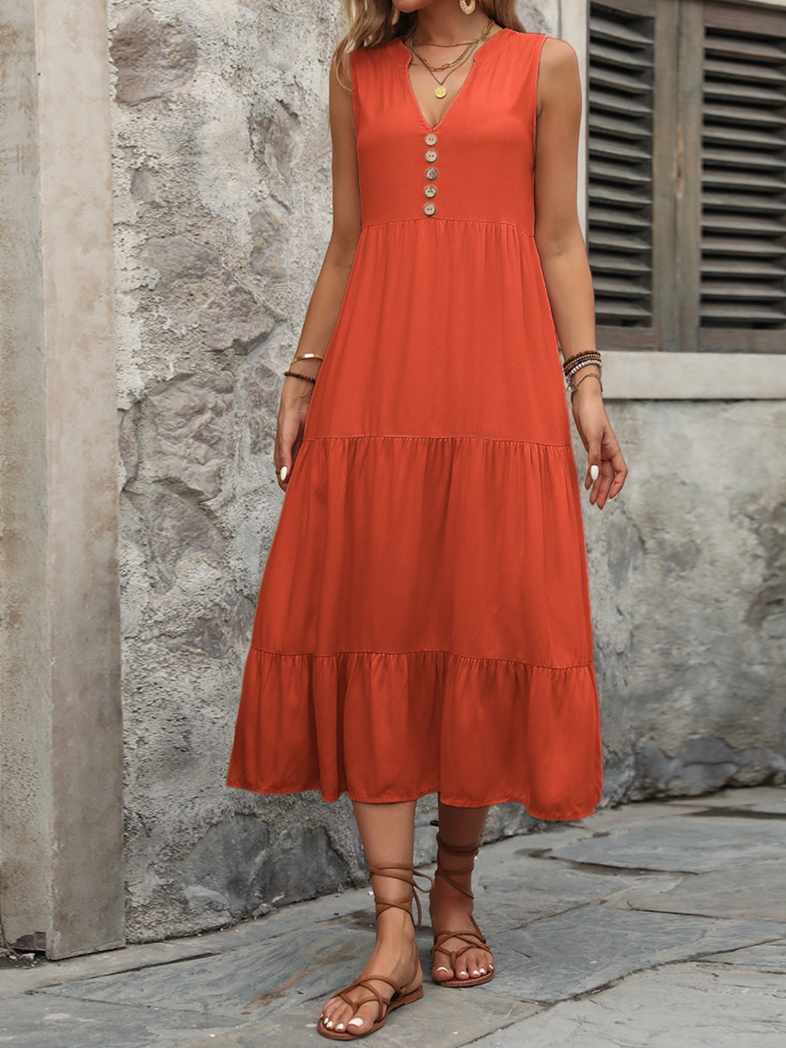 Decorative Button Notched Sleeveless Dress - Siennasass