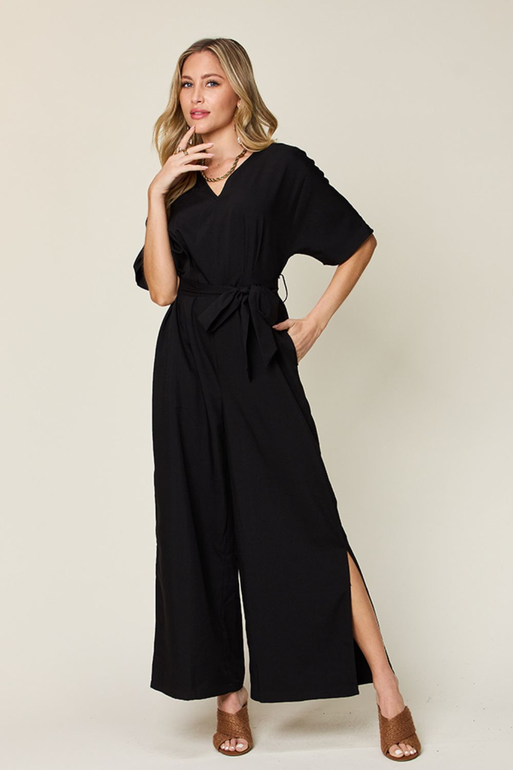 Double Take Full Size V-Neck Tie Front Short Sleeve Slit Jumpsuit - Siennasass