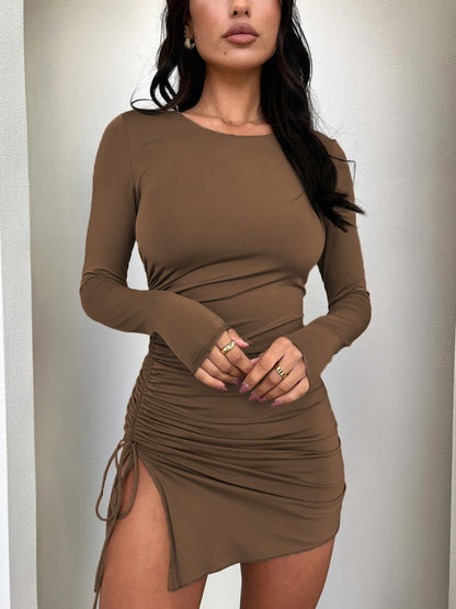 Side Drawstring Round Neck Long Sleeve Dress - Siennasass