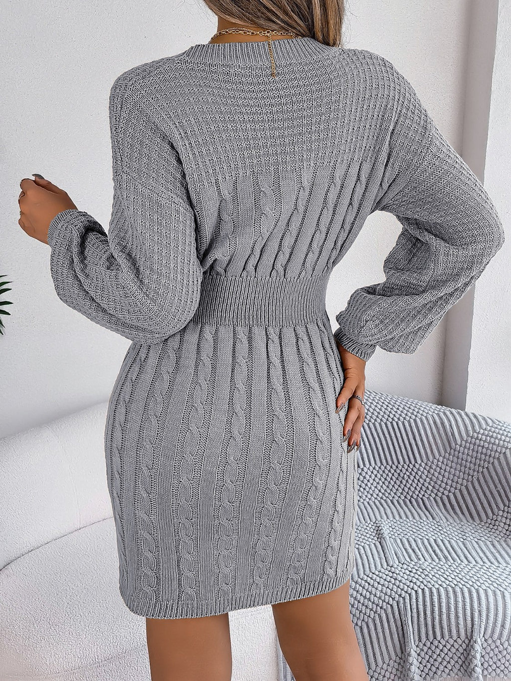 Cable-Knit Cutout Round Neck Slit Sweater Dress - Siennasass