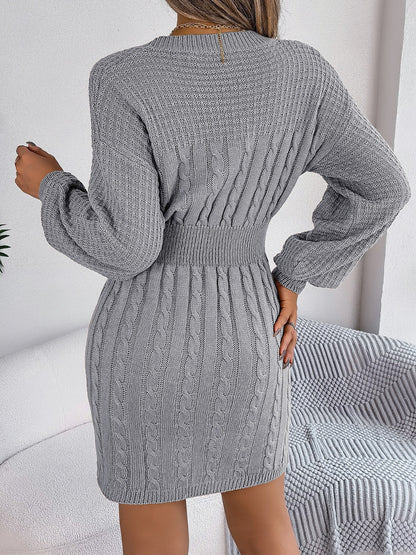 Cable-Knit Cutout Round Neck Slit Sweater Dress - Siennasass