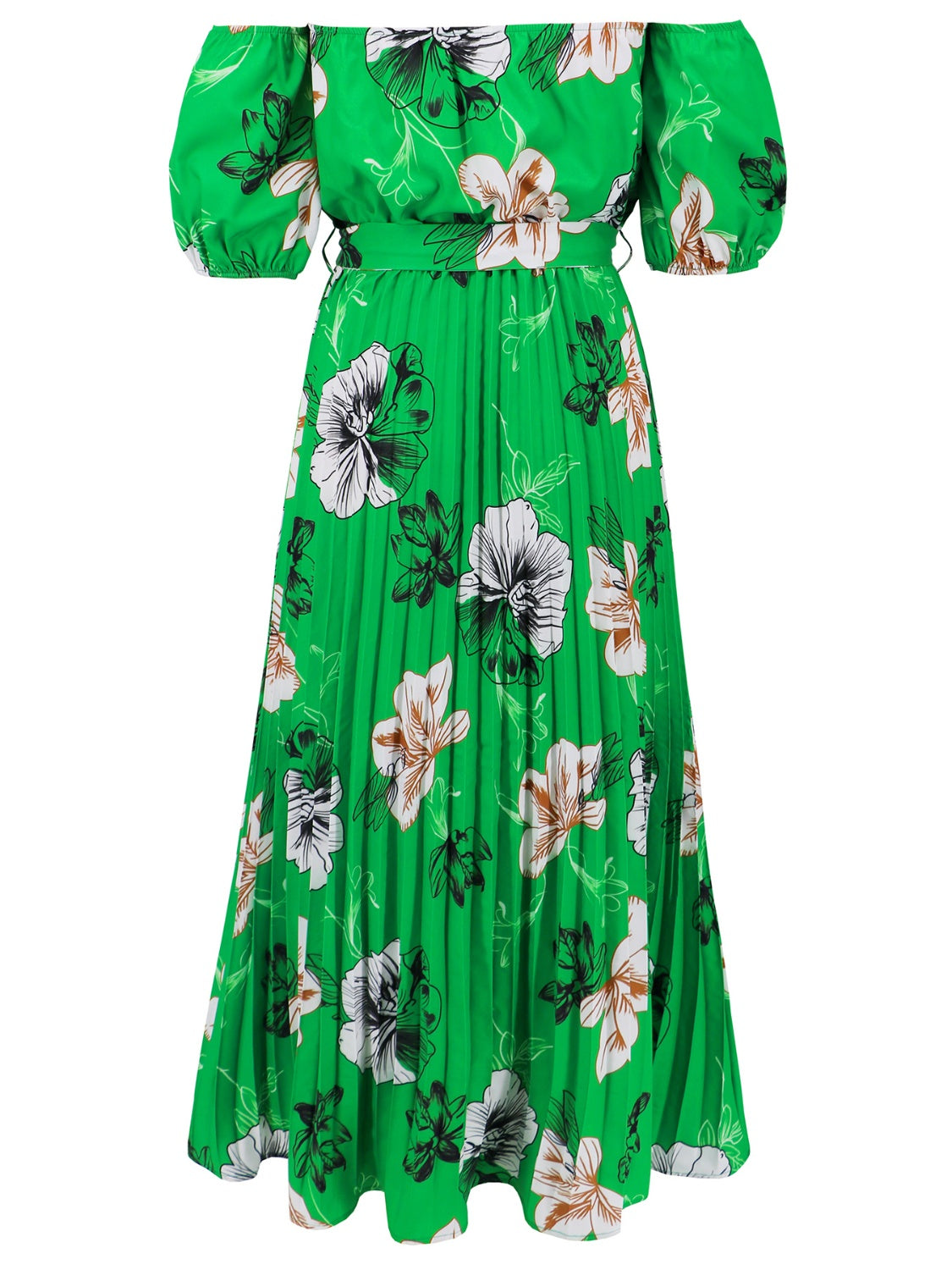 Pleated Floral Off-Shoulder Short Sleeve Midi Dress - Siennasass