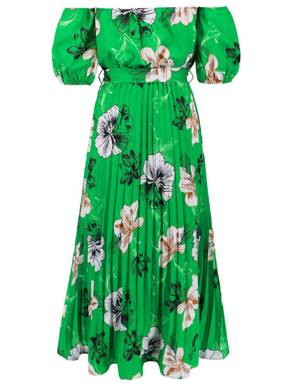 Pleated Floral Off-Shoulder Short Sleeve Midi Dress - Siennasass