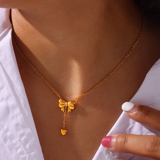 Titanium Steel Gold-Plated Bow Pendant Necklace - Siennasass