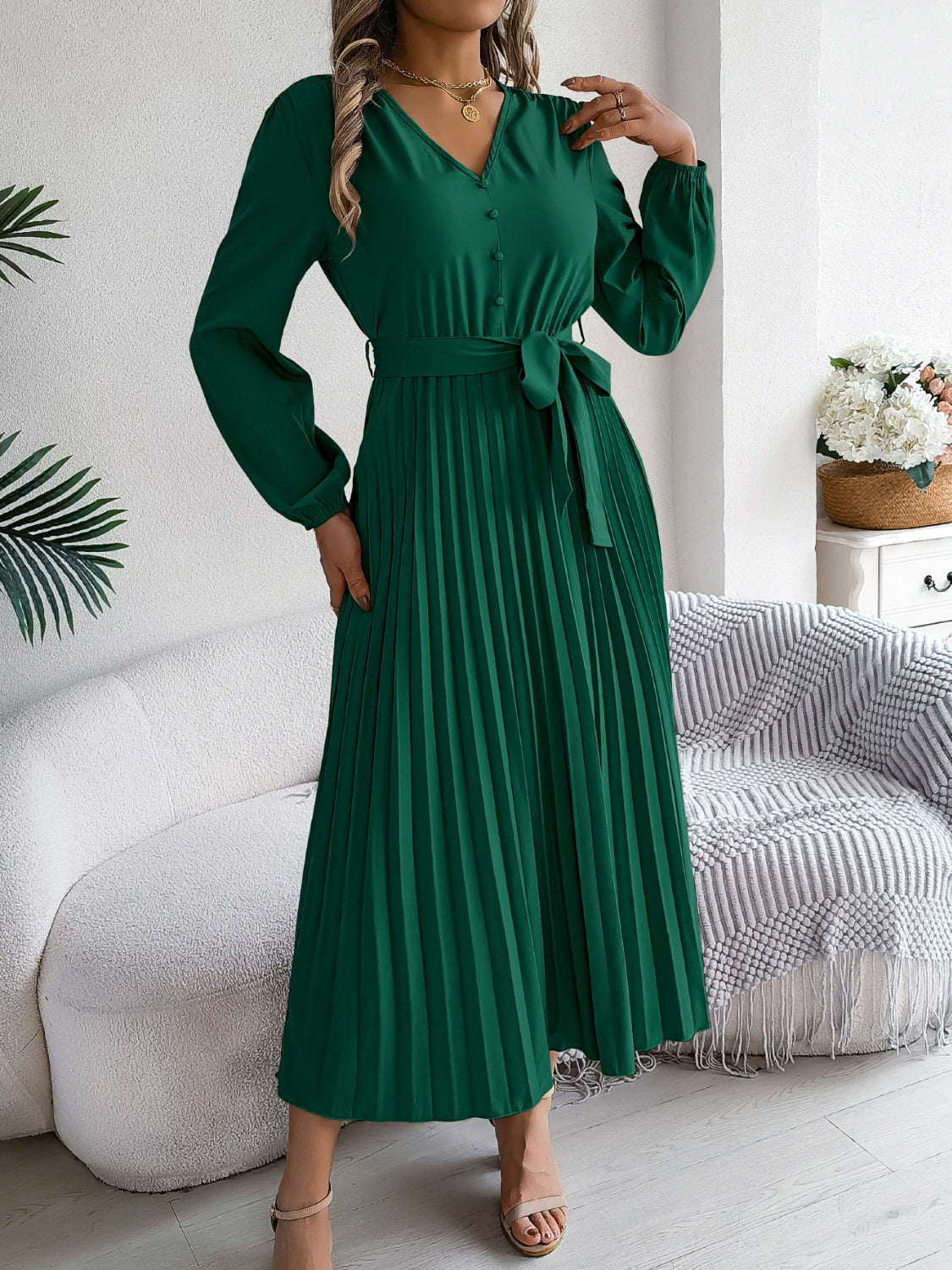 Pleated Tied V-Neck Long Sleeve Dress - Siennasass