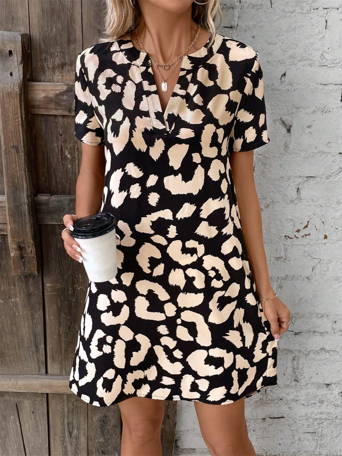 Printed Notched Short Sleeve Mini Dress - Siennasass