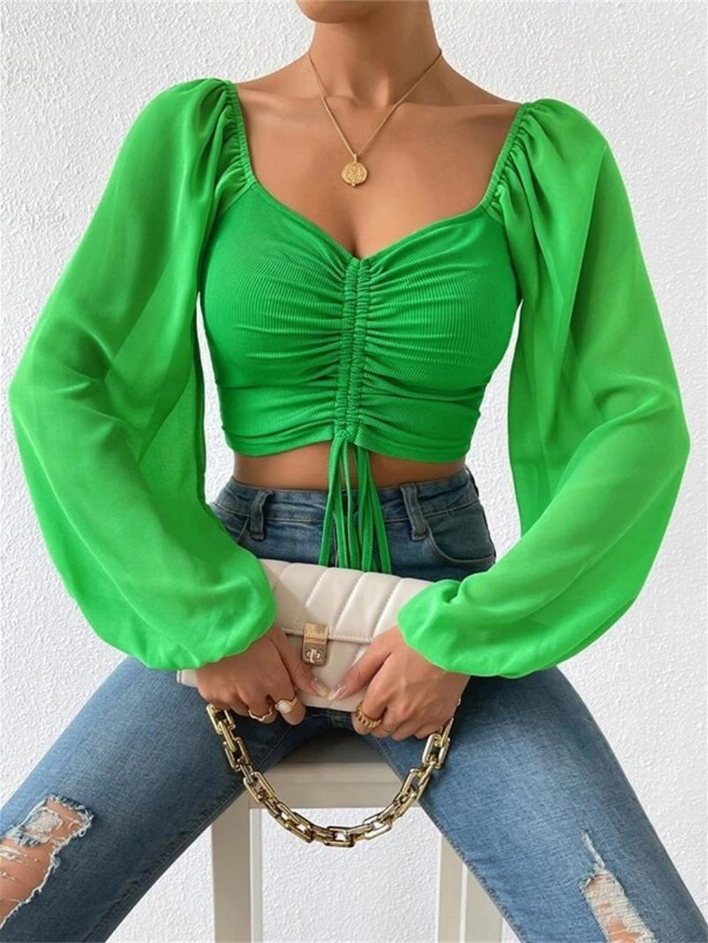 Drawstring Sweetheart Neck Cropped Top - Siennasass