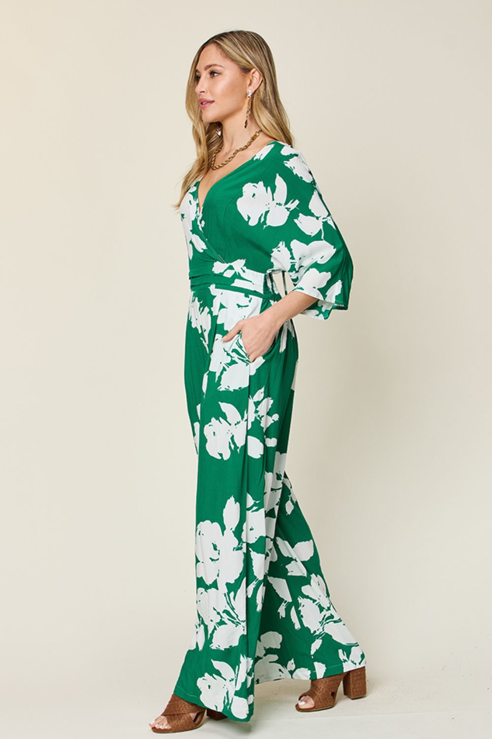 Double Take Full Size Printed Tie Back Wide Leg Jumpsuit - Siennasass