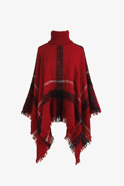 Plaid Turtleneck Raw Hem Poncho - Siennasass