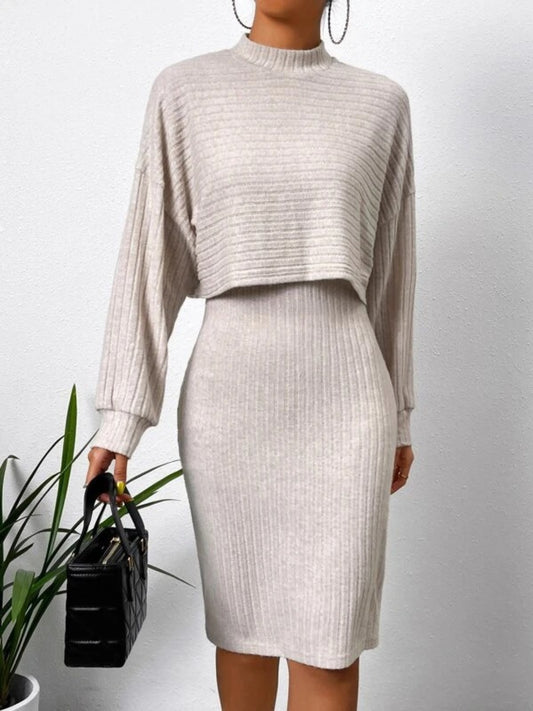 Mock Neck Long Sleeve Top and Wide Strap Dress Set - Siennasass