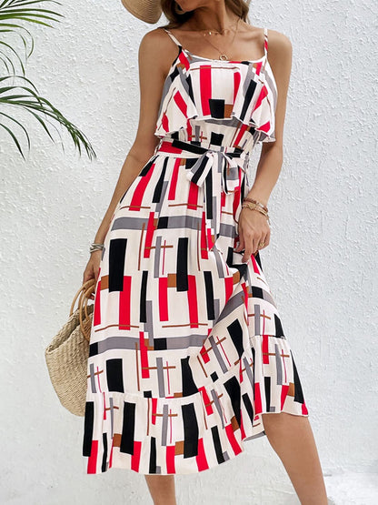 Ruffled Printed Tie Waist Midi Dress - Siennasass