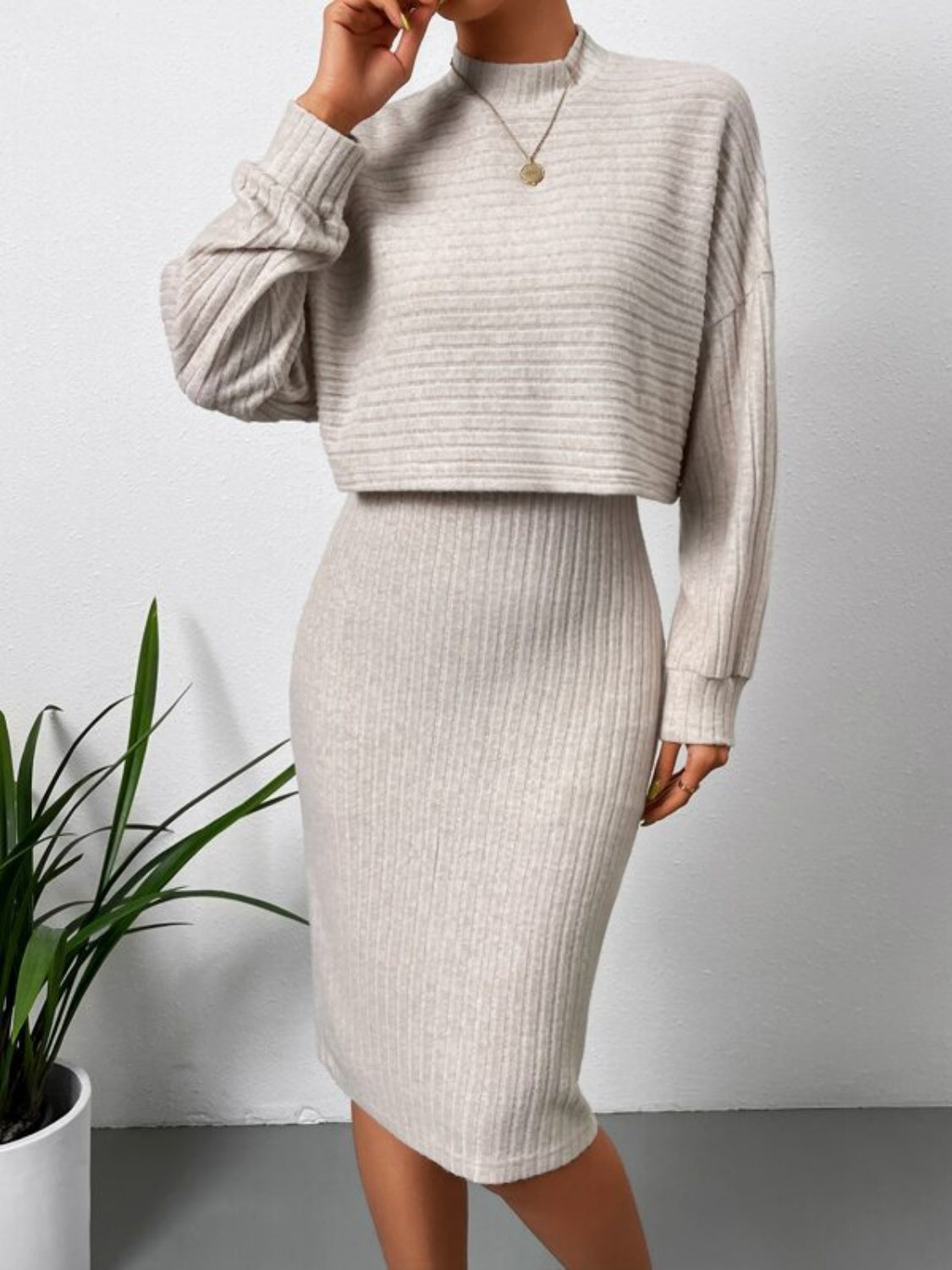 Mock Neck Long Sleeve Top and Wide Strap Dress Set - Siennasass