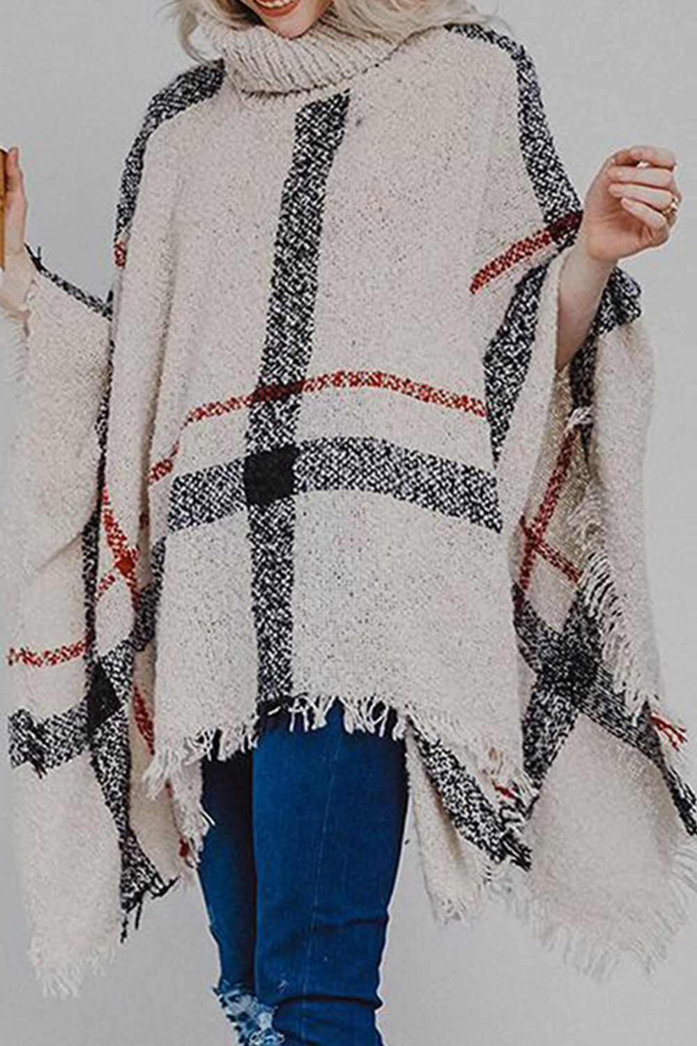 Plaid Turtleneck Raw Hem Poncho - Siennasass