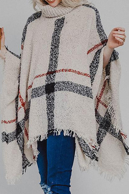 Plaid Turtleneck Raw Hem Poncho - Siennasass