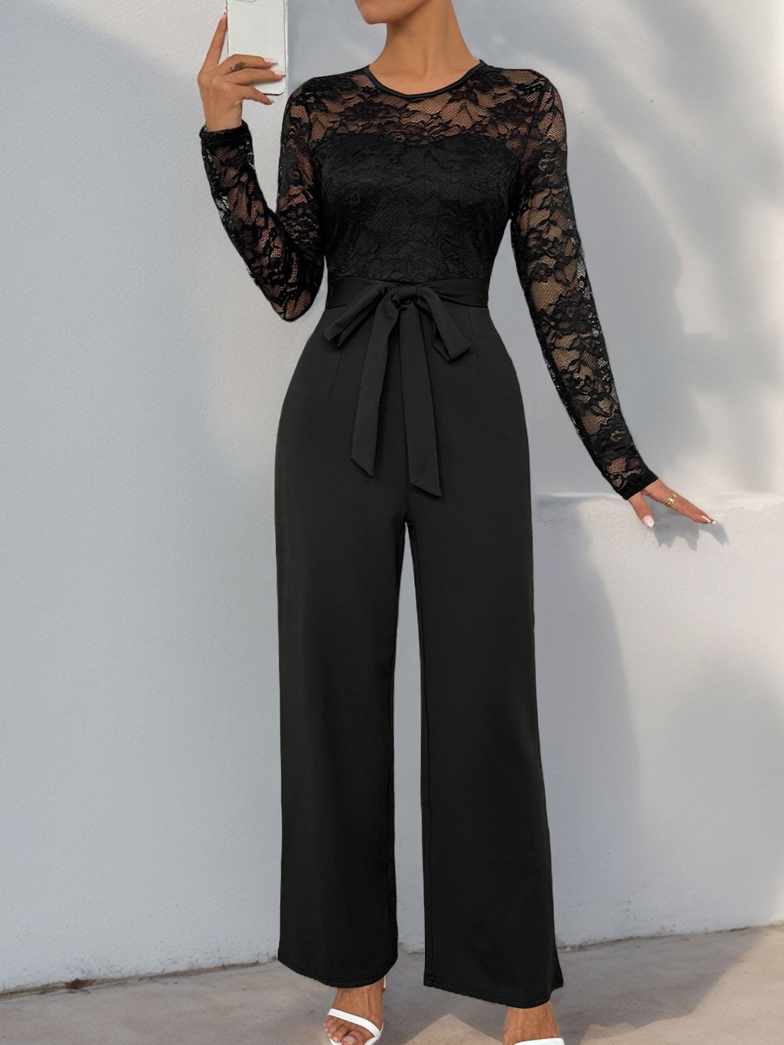 Perfee Lace Round Neck Long Sleeve Jumpsuit - Siennasass