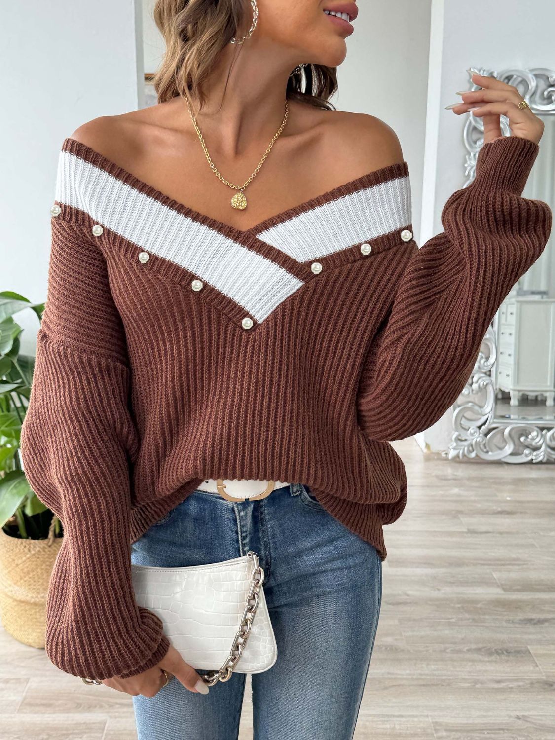 Contrast Trim Dropped Shoulder Long Sleeve Sweater - Siennasass