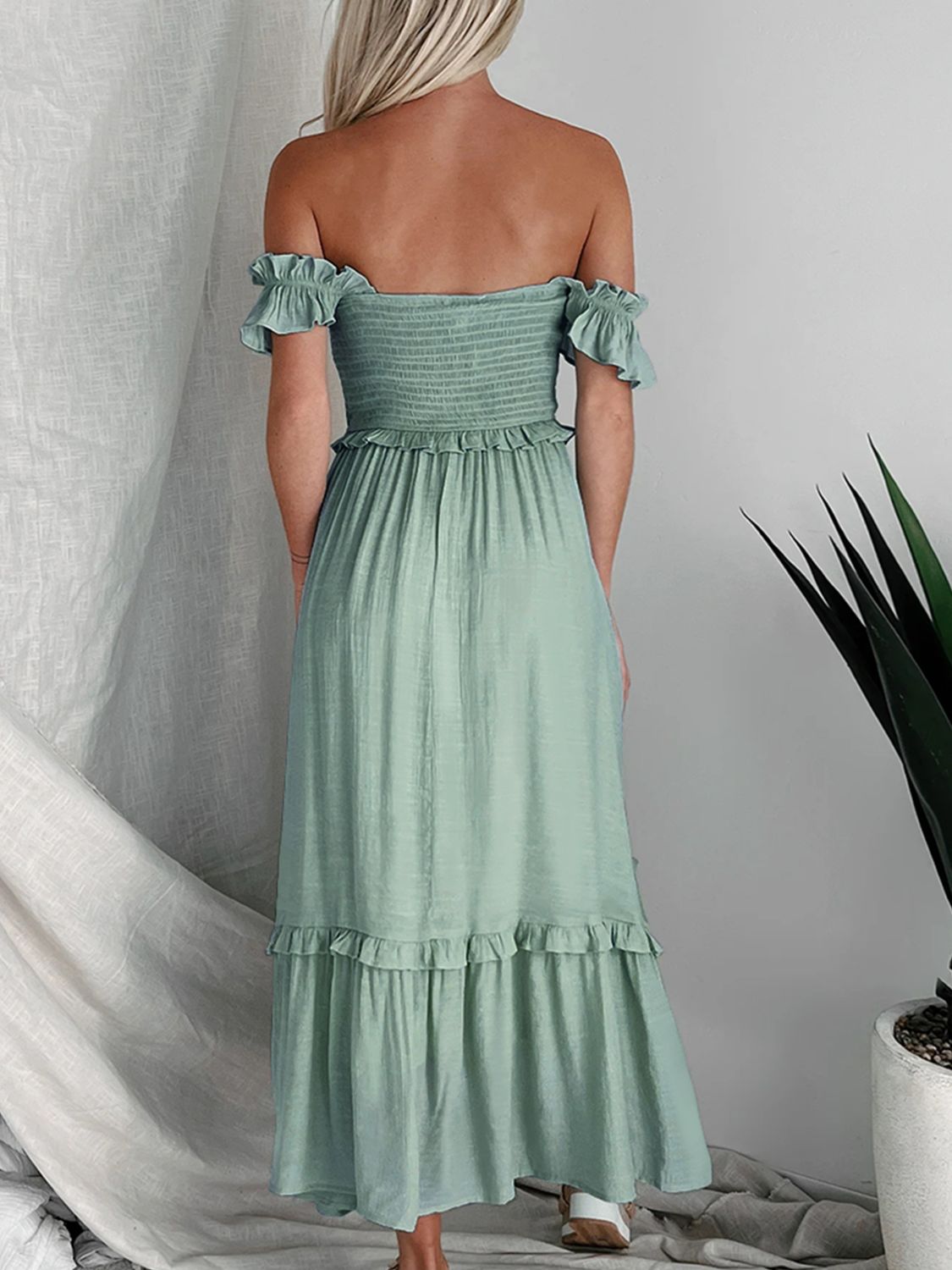 Frill Smocked Off-Shoulder Ruffle Sleeve Dress - Siennasass