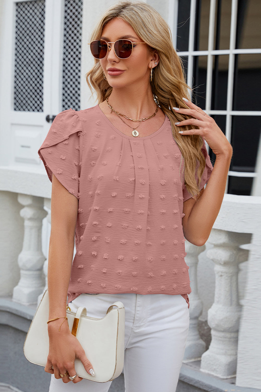 Swiss Dot Round Neck Petal Sleeve Blouse - Siennasass