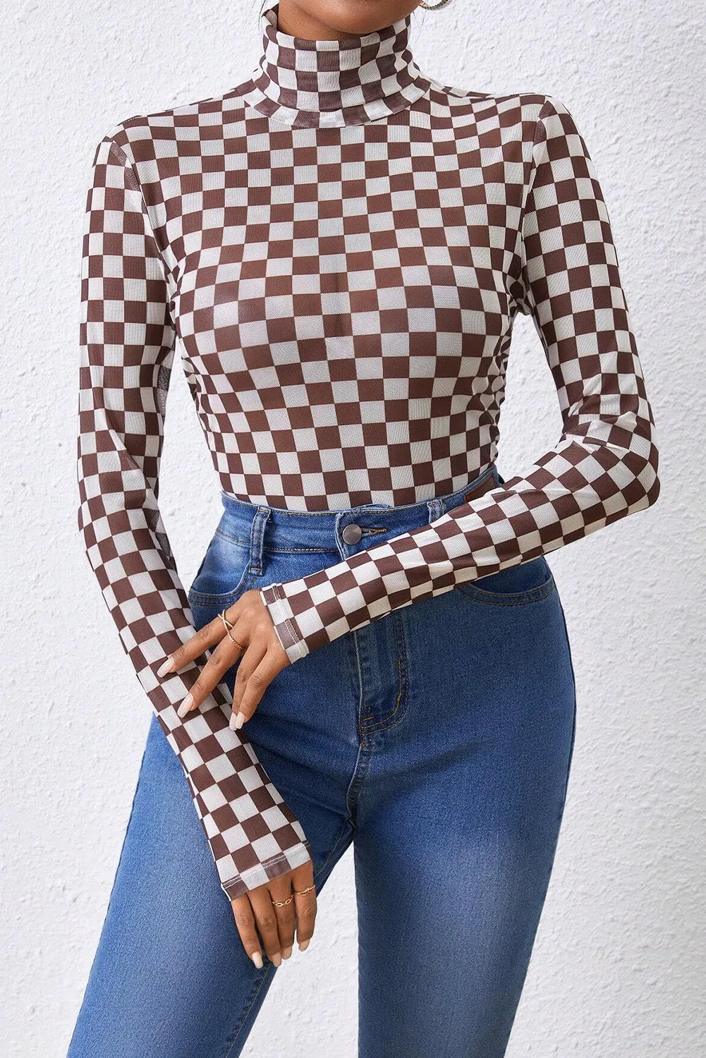 Checkered Turtleneck Long Sleeve Bodysuit - Siennasass