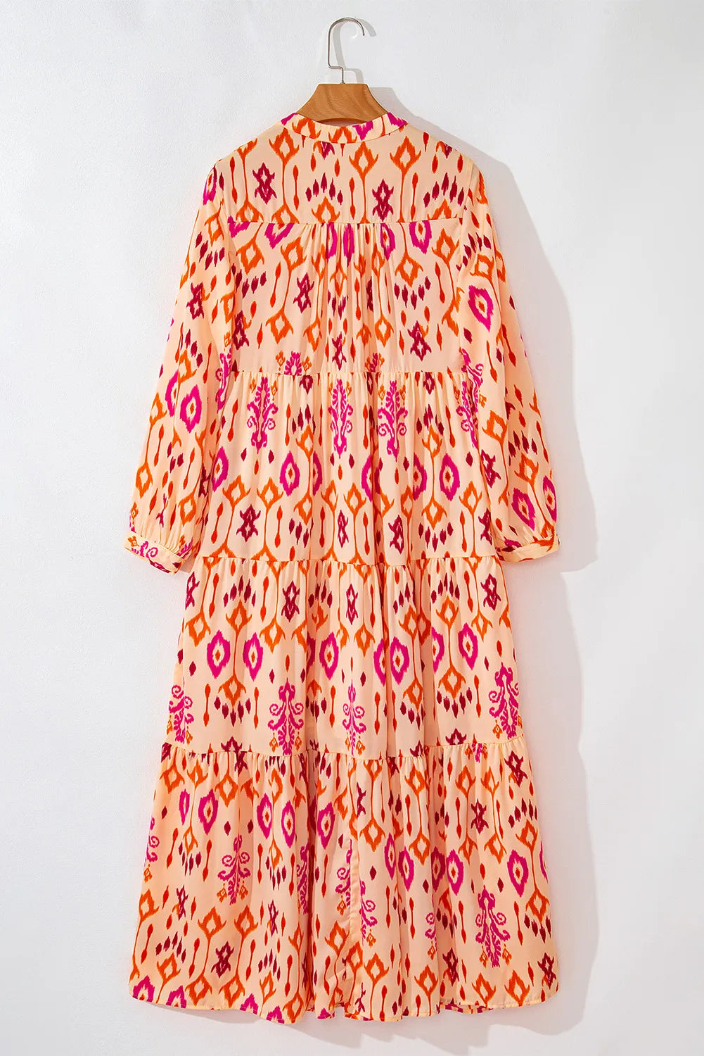 Tiered Printed Notched Long Sleeve Midi Dress - Siennasass