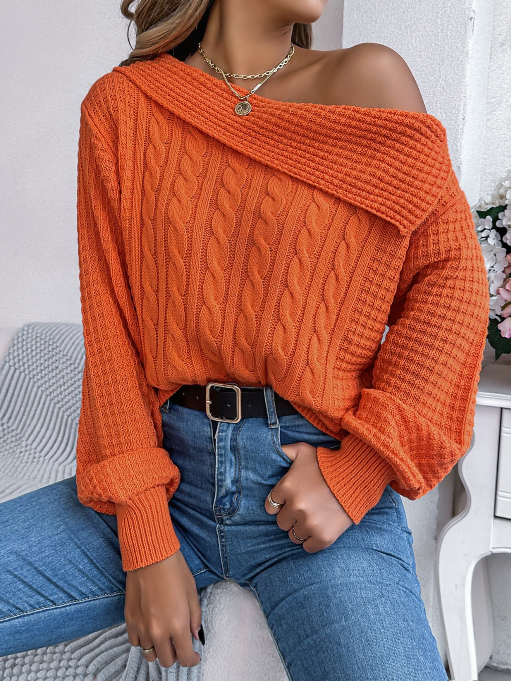 Cable-Knit One Shoulder Long Sleeve Sweater - Siennasass