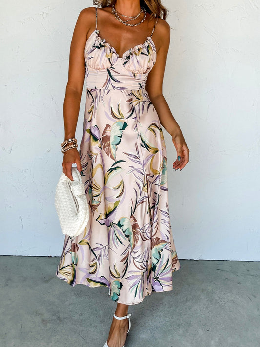 Slit Frill Printed Midi Cami Dress - Siennasass