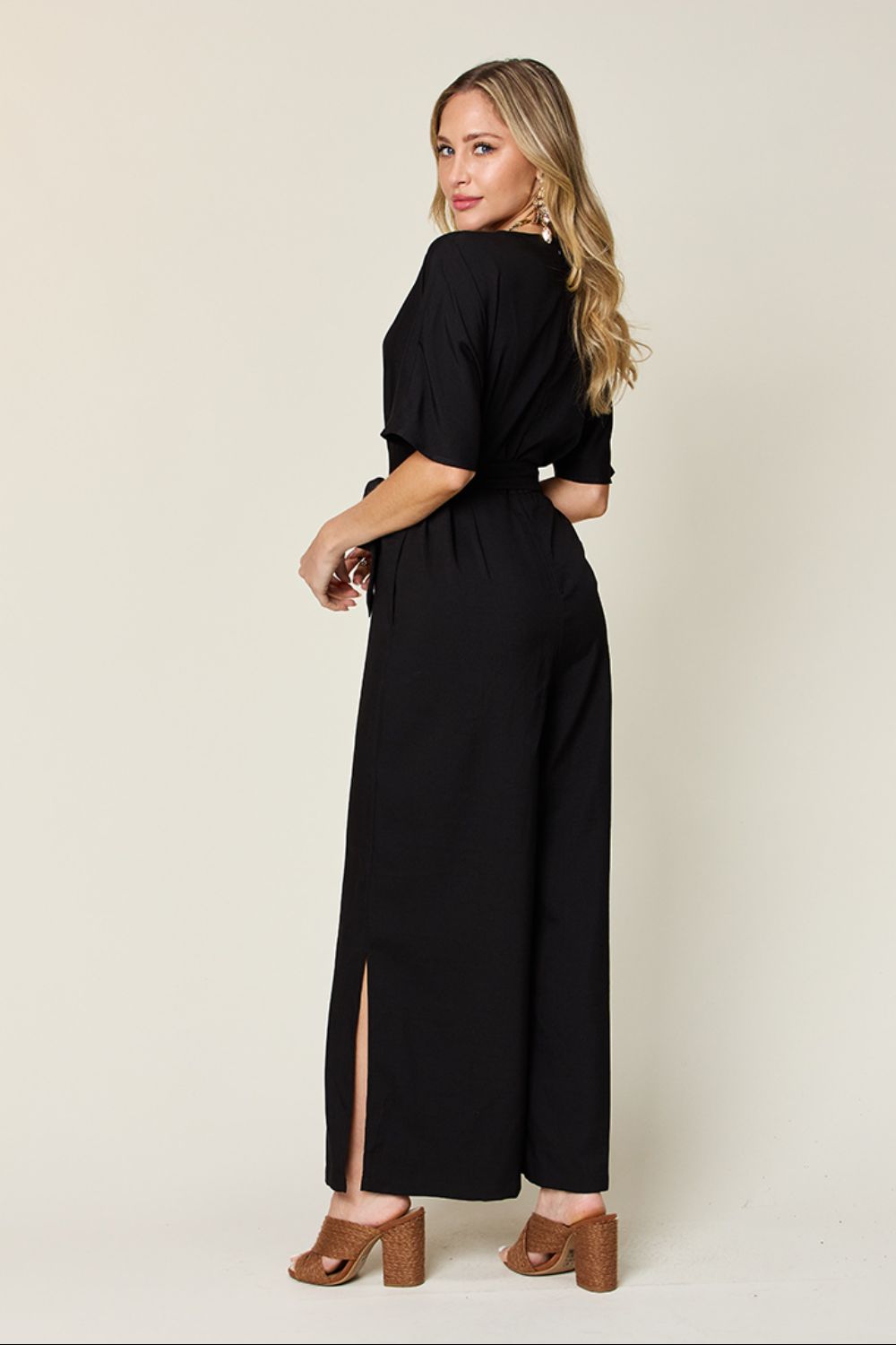 Double Take Full Size V-Neck Tie Front Short Sleeve Slit Jumpsuit - Siennasass