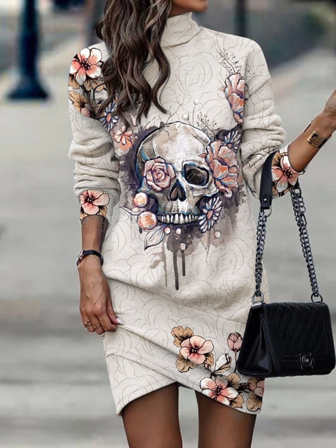 Printed Turtleneck Long Sleeve Mini Dress - Siennasass