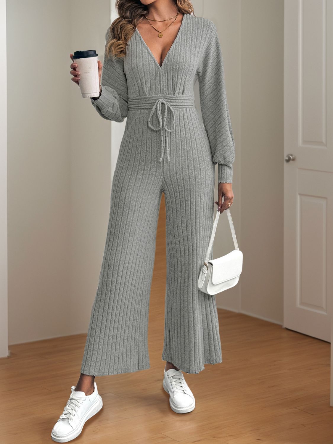 V-Neck Long Sleeve Wide Leg Jumpsuit - Siennasass