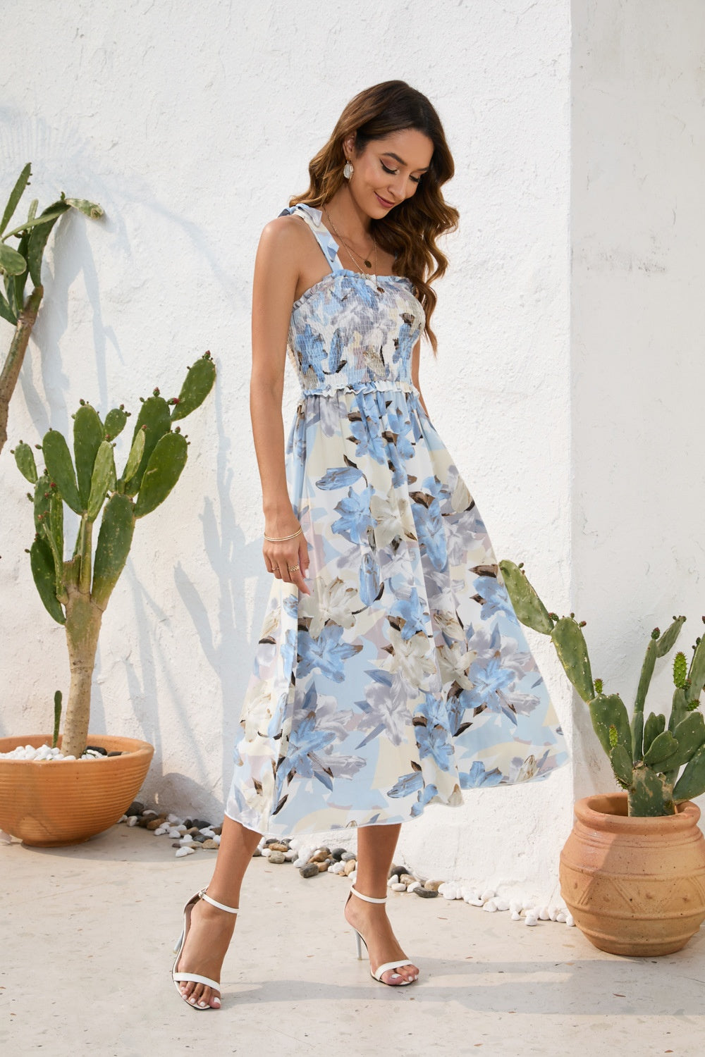 Smocked Printed Square Neck Midi Dress - Siennasass