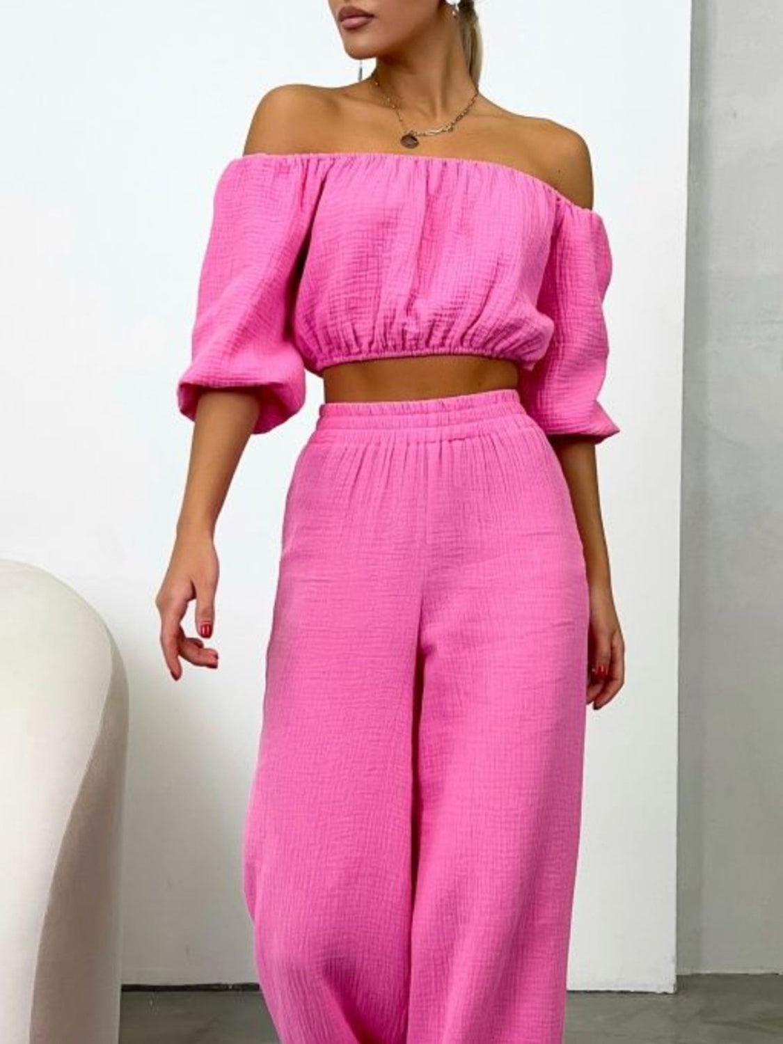 Off Shoulder Long Sleeve Top and Pants Set - Siennasass