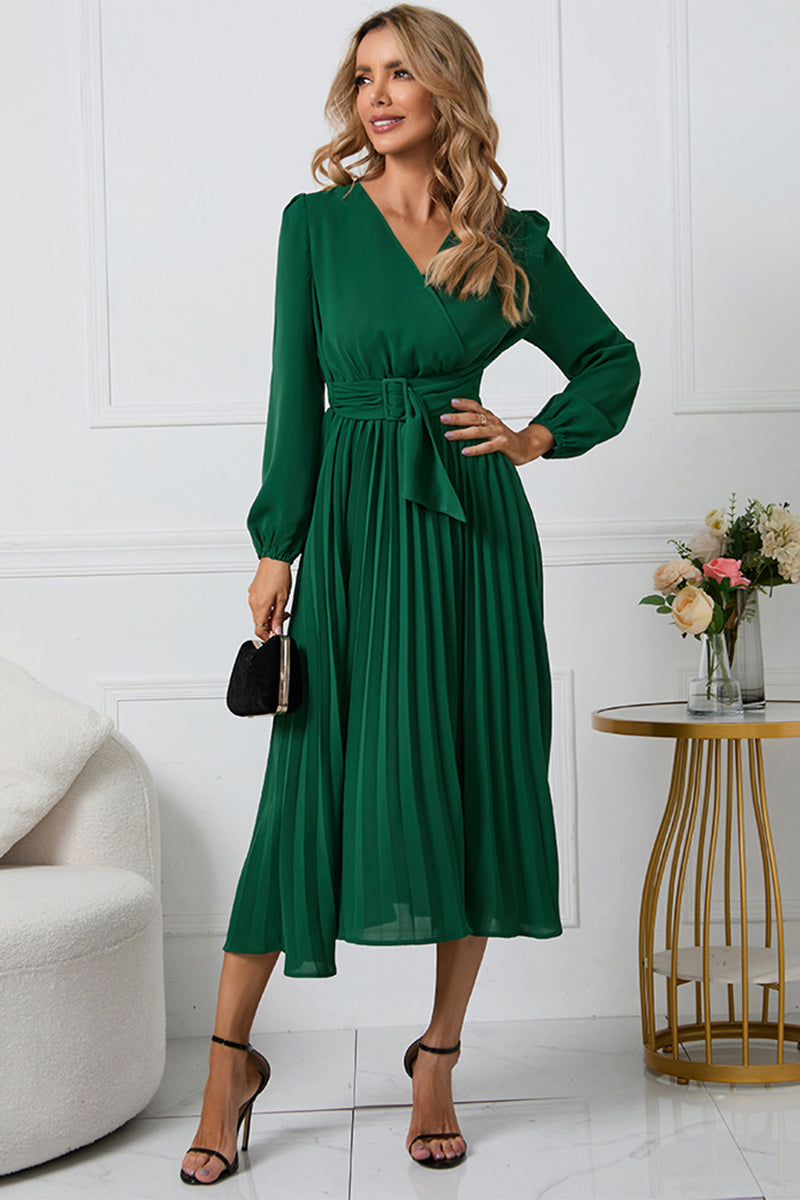V-Neck Long Sleeve Tie Waist Midi Dress - Siennasass