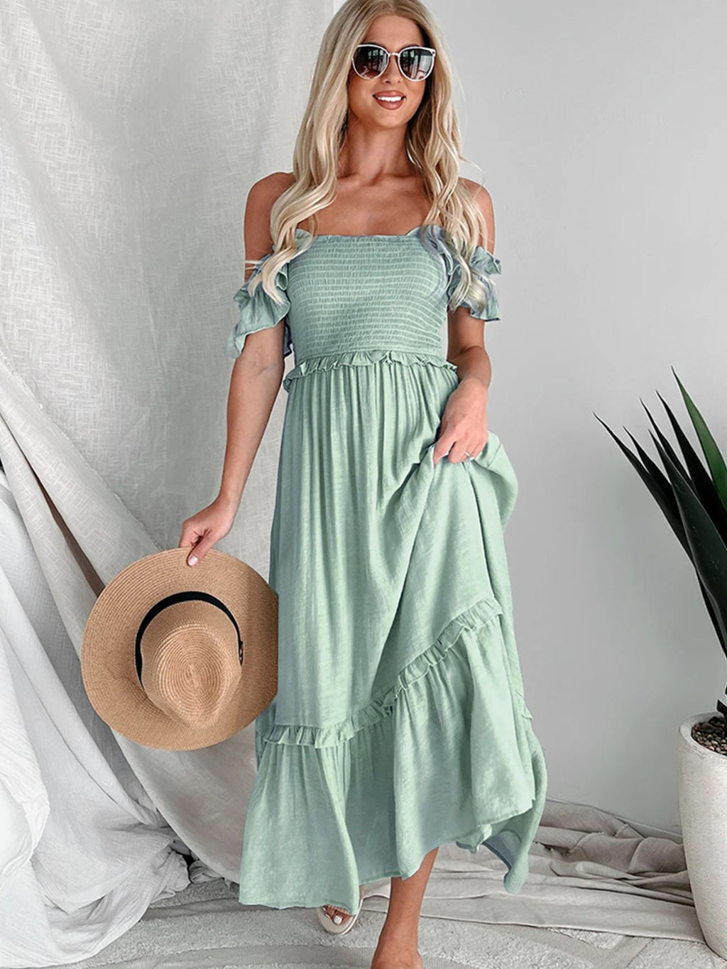 Frill Smocked Off-Shoulder Ruffle Sleeve Dress - Siennasass