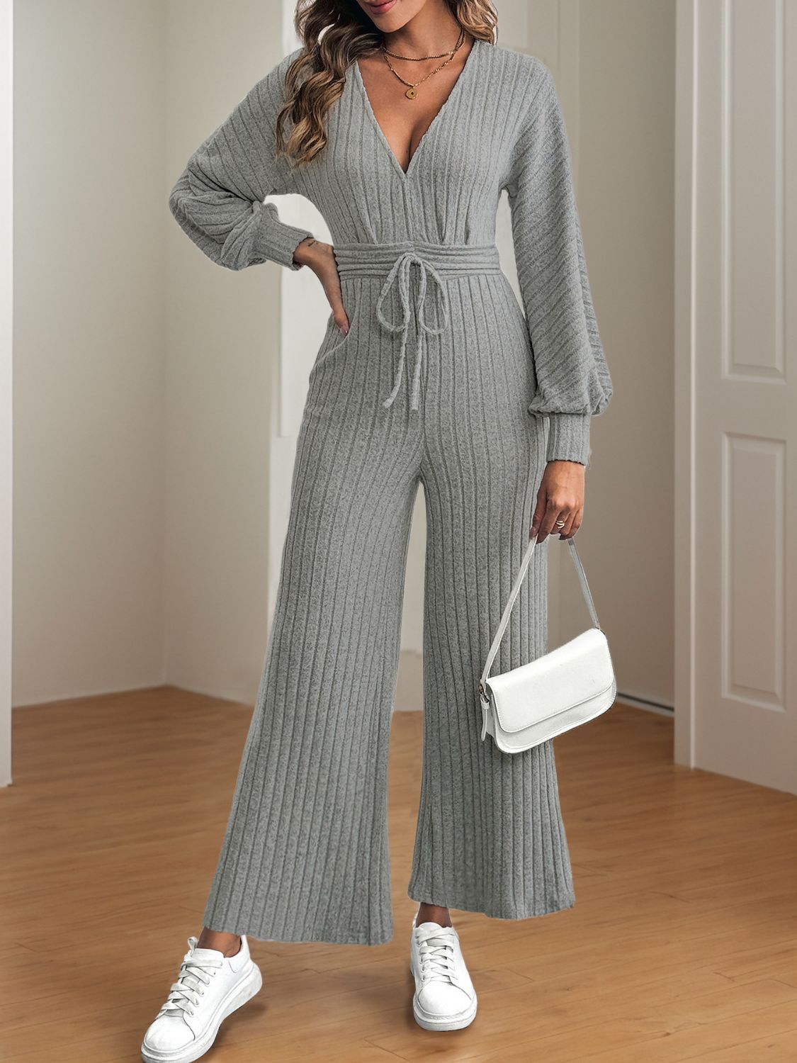 V-Neck Long Sleeve Wide Leg Jumpsuit - Siennasass