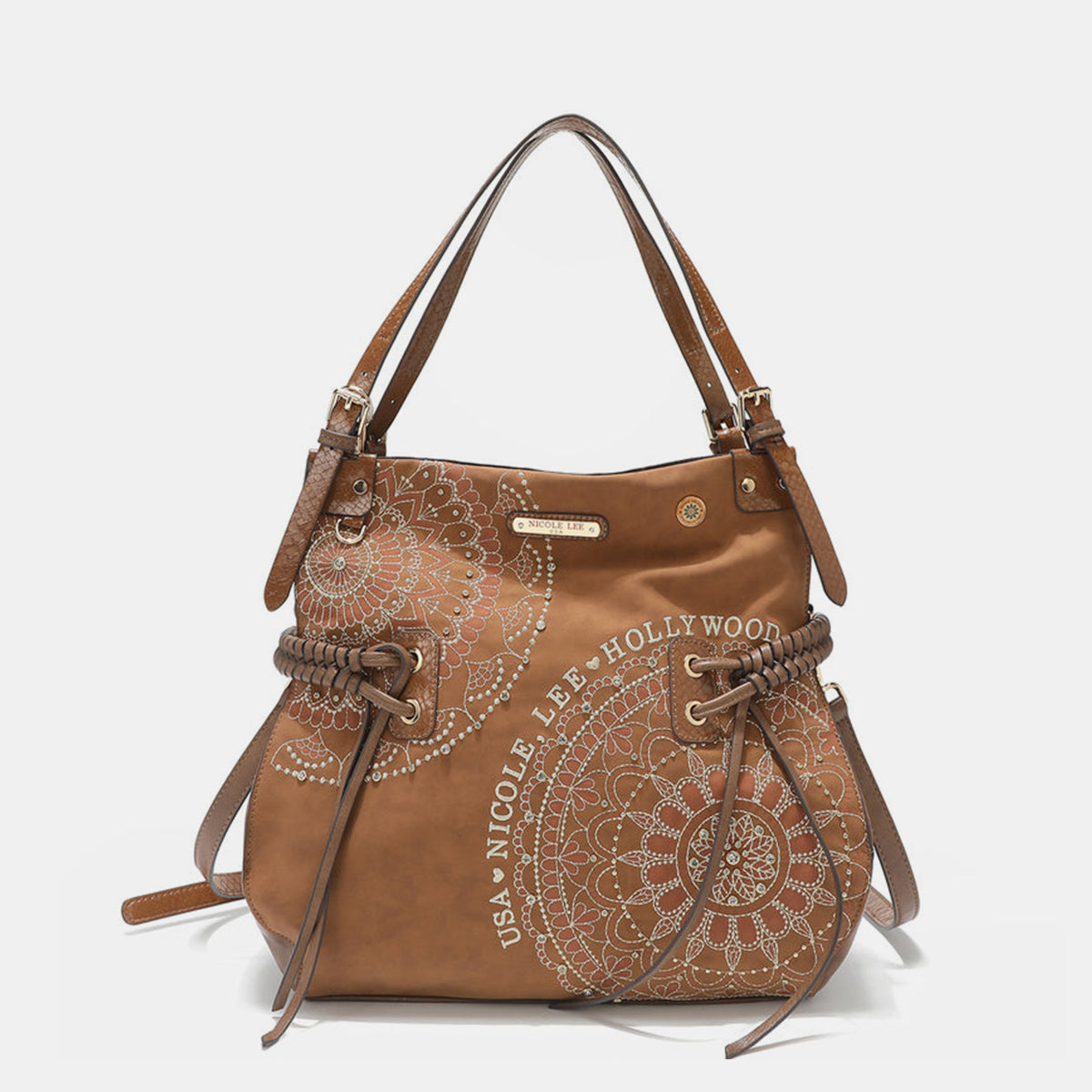 Nicole Lee USA Side Braided Tassel Inlaid Rhinestone Embroidery Hobo Bag - Siennasass