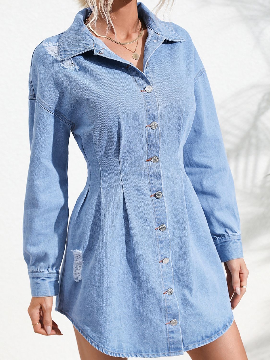 Distressed Button Up Long Sleeve Denim Dress - Siennasass