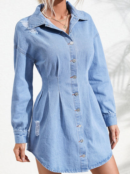 Distressed Button Up Long Sleeve Denim Dress - Siennasass
