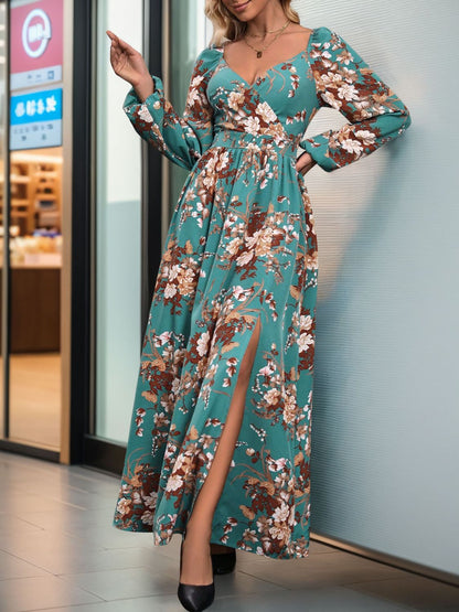 Slit Printed Surplice Long Sleeve Maxi Dress - Siennasass