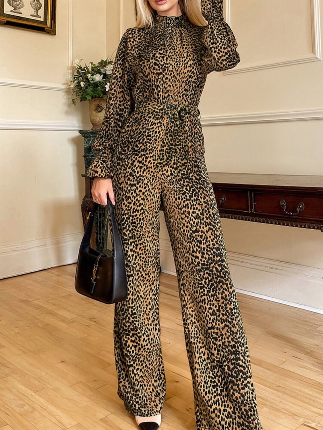 Leopard Flounce Sleeve Wide Leg Jumpsuit - Siennasass