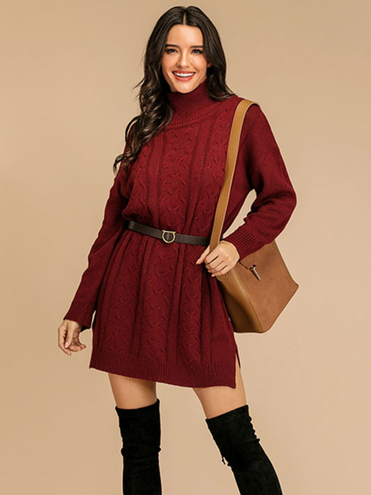 Perfee Slit Turtleneck Long Sleeve Mini Sweater Dress - Siennasass
