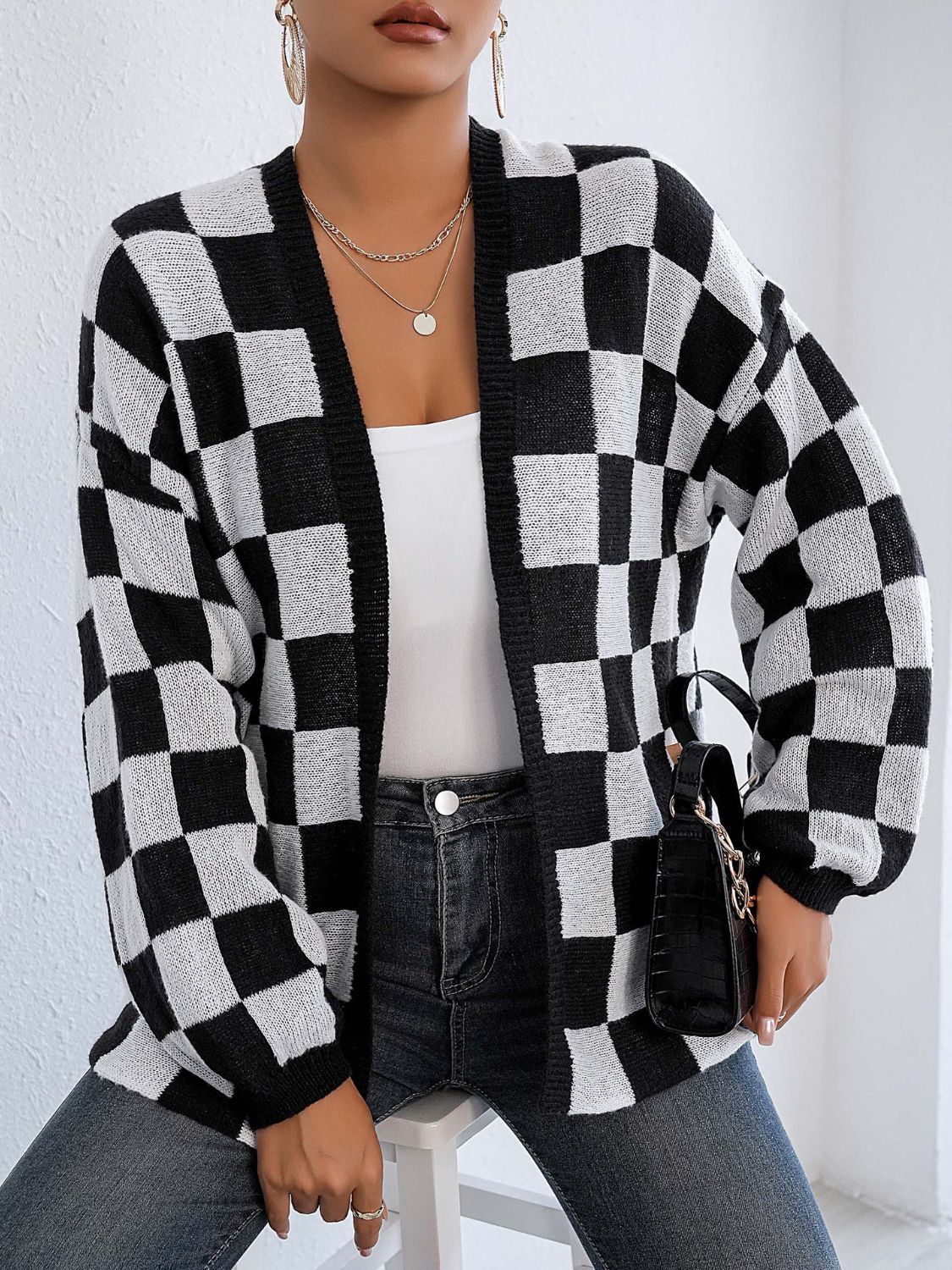 Checkered Open Front Long Sleeve Cardigan - Siennasass